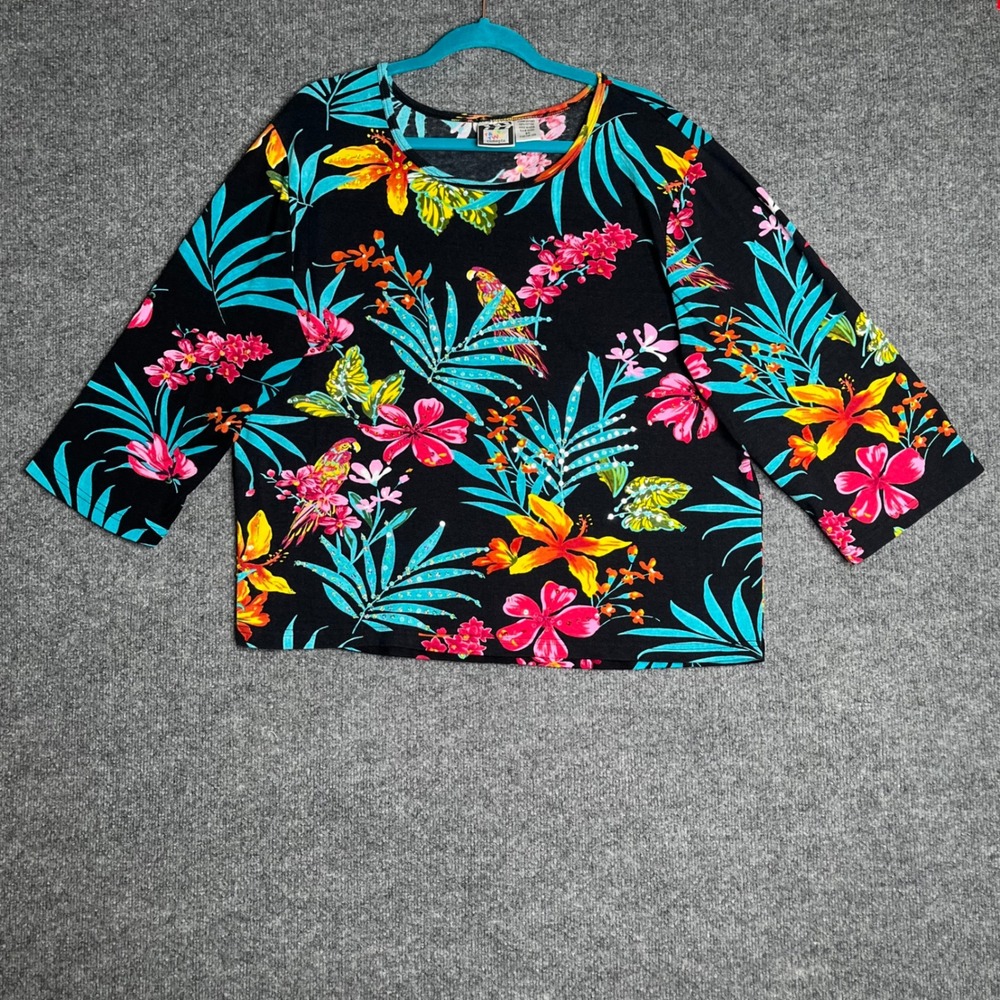 Take Two Clothing Co Womens 2X Tropical Parrot Floral Sequin Cotton Top Black